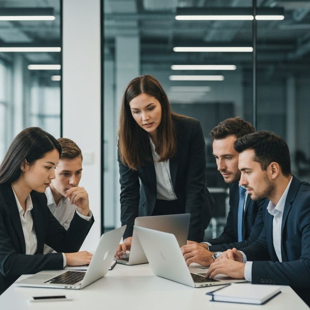 Team collaborating with modern technology dashboards